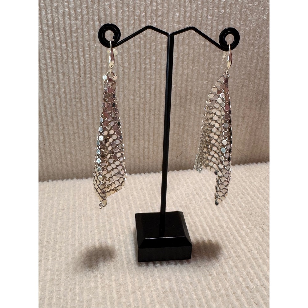 Silver Mesh Chainmail Drop Earrings Disco Statement Dangle Jewelry 3.5 Inch